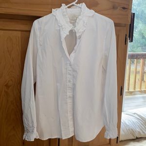 Crisp white J Crew ruffle collar long sleeve button down blouse